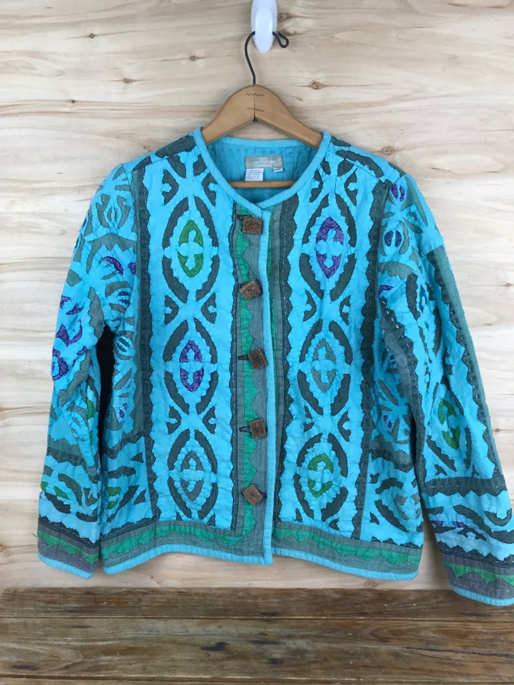 Vtg 90s Quilted Jacket Artsy Boho Blue Womens Med Petite Territory Ahead